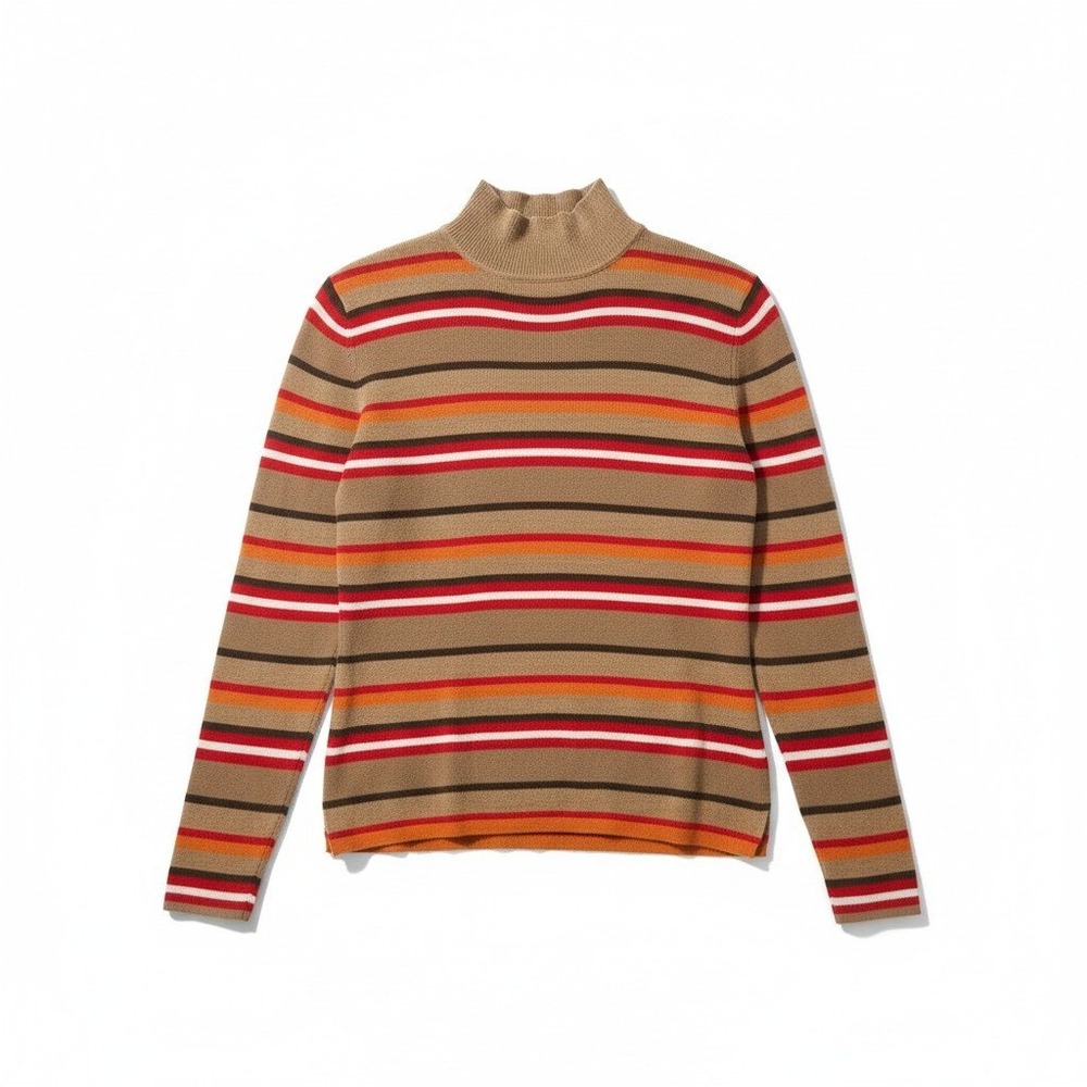 Andrea Viccaro Tan Orange Striped Mock Neck Ribbed Sweater, Woman's‎ Small